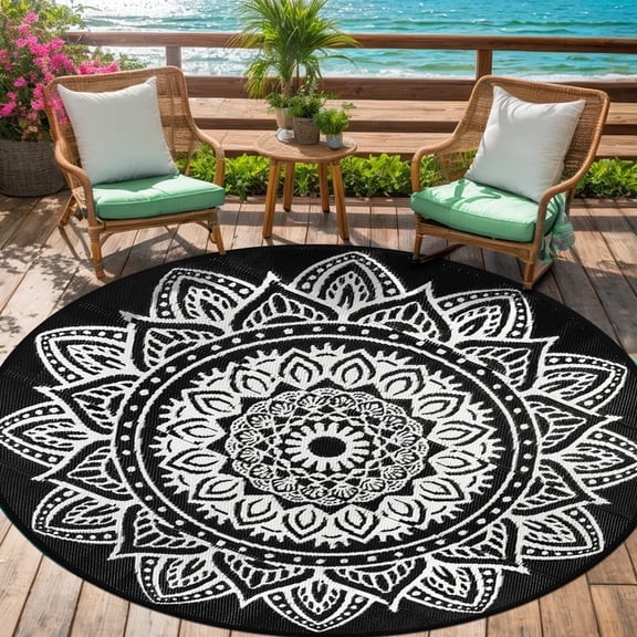 Aonewoe Round Outdoor Rugs 6Ft Waterproof Patio Plastic Straw Rug Reversible Camping Carpet Indoor Outdoor Area Rug for Patio,Deck,Balcony,Picnic,Beach,Outside