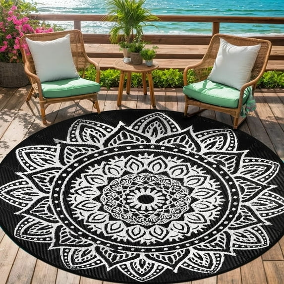 Aonewoe Round Outdoor Rugs 6Ft Waterproof Patio Plastic Straw Rug Reversible Camping Carpet Indoor Outdoor Area Rug for Patio,Deck,Balcony,Picnic,Beach,Outside