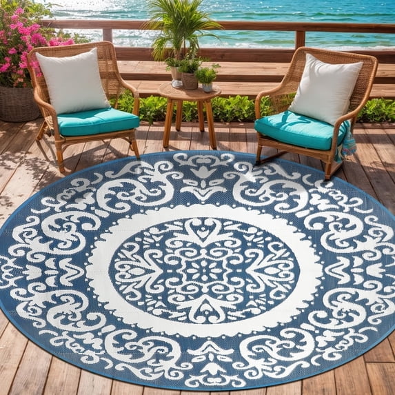 Aonewoe Round Outdoor Rugs 6Ft Waterproof Patio Plastic Straw Rug Reversible Camping Carpet Indoor Outdoor Area Rug for Patio,Deck,Balcony,Picnic,Beach,Outside
