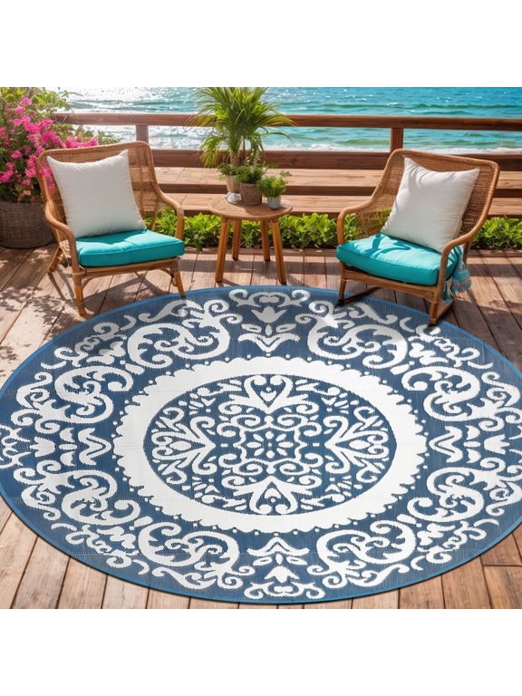 Round Outdoor Rugs 6Ft Waterproof Patio Plastic Straw Rug Reversible Camping Carpet Indoor Outdoor Area Rug for Patio,Deck,Balcony,Picnic,Beach,Outside
