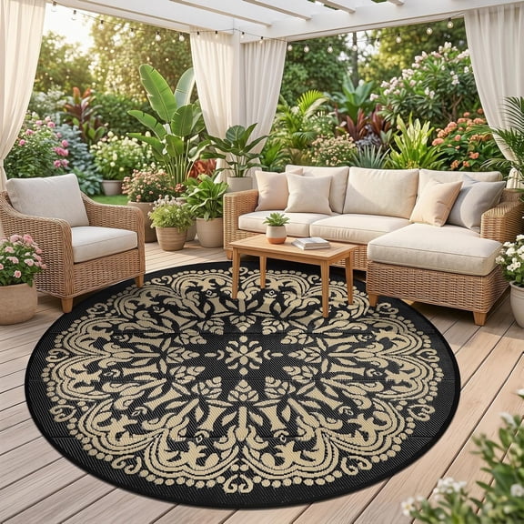 Aonewoe Round Outdoor Rugs 8Ft Waterproof Patio Plastic Straw Rug Reversible Camping Carpet Indoor Outdoor Area Rug for Patio,Deck,Balcony,Picnic,Beach,Outside
