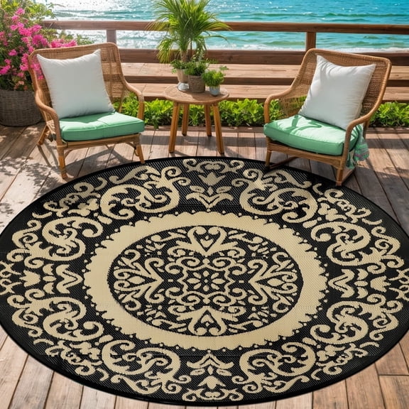 Aonewoe Round Outdoor Rugs 8Ft Waterproof Patio Plastic Straw Rug Reversible Camping Carpet Indoor Outdoor Area Rug for Patio,Deck,Balcony,Picnic,Beach,Outside