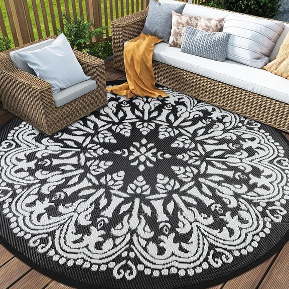 Aonewoe Round Outdoor Rugs 8Ft Waterproof Patio Plastic Straw Rug Reversible Camping Carpet Indoor Outdoor Area Rug for Patio,Deck,Balcony,Picnic,Beach,Outside