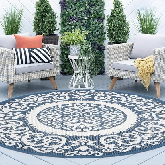 Aonewoe Round Outdoor Rugs 8Ft Waterproof Patio Plastic Straw Rug Reversible Camping Carpet Indoor Outdoor Area Rug for Patio,Deck,Balcony,Picnic,Beach,Outside