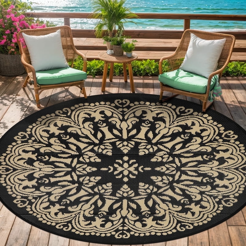 Aonewoe Round Outdoor Rugs 8Ft Waterproof Patio Plastic Straw Rug Reversible Camping Carpet Indoor Outdoor Area Rug for Patio,Deck,Balcony,Picnic,Beach,Outside