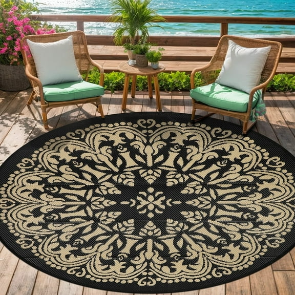 Aonewoe Round Outdoor Rugs 8Ft Waterproof Patio Plastic Straw Rug Reversible Camping Carpet Indoor Outdoor Area Rug for Patio,Deck,Balcony,Picnic,Beach,Outside
