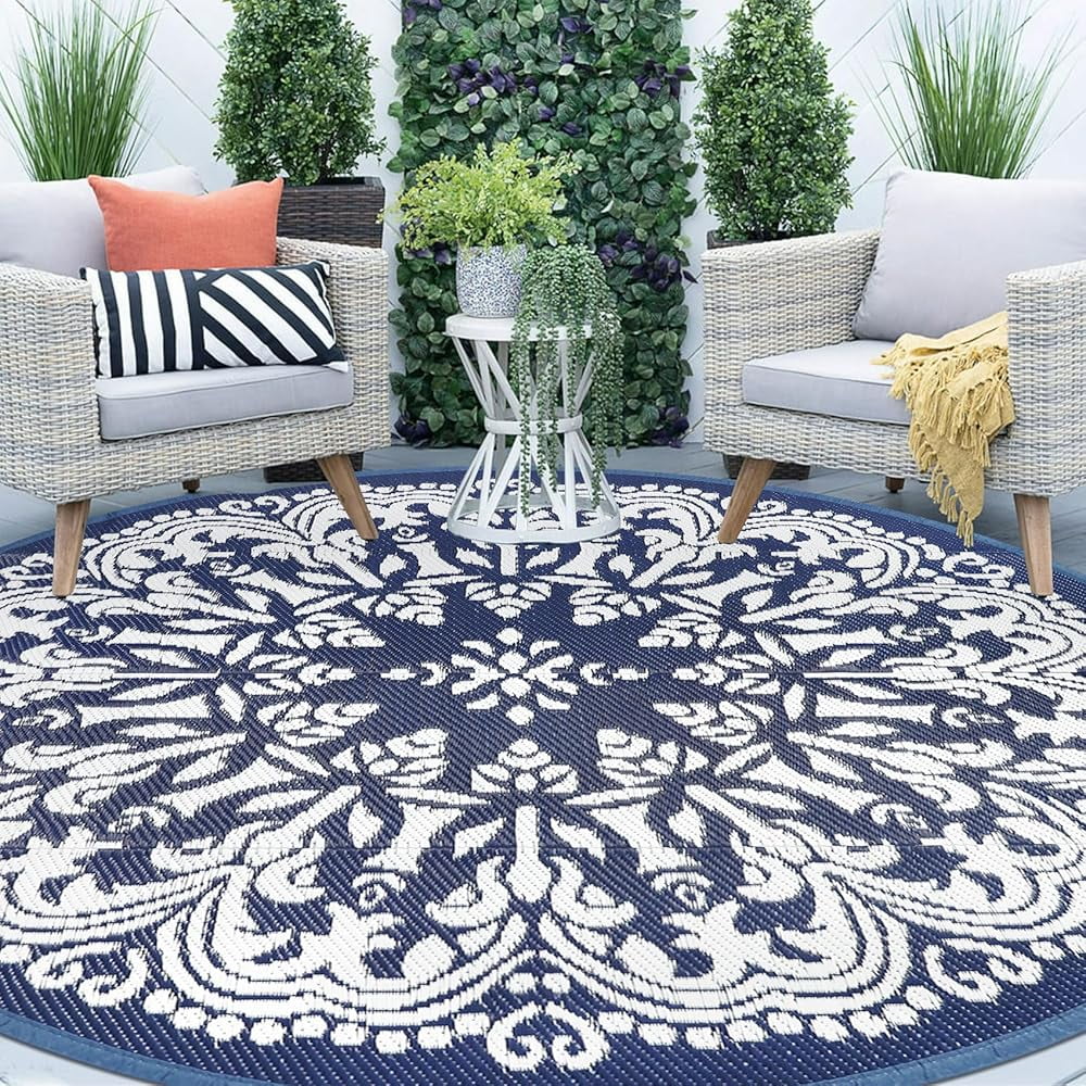 Aonewoe Round Outdoor Rugs 8Ft Waterproof Patio Plastic Straw Rug Reversible Camping Carpet Indoor Outdoor Area Rug for Patio,Deck,Balcony,Picnic,Beach,Outside