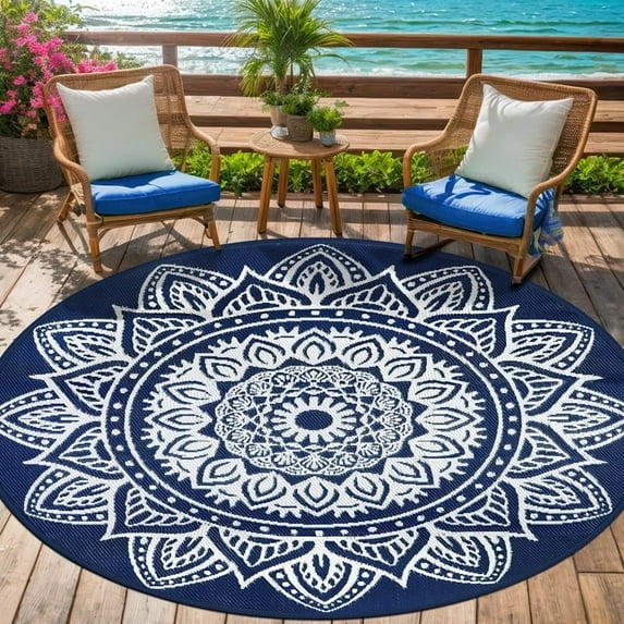 Aonewoe Round Outdoor Rugs 8Ft Waterproof Patio Plastic Straw Rug Reversible Camping Carpet Indoor Outdoor Area Rug for Patio,Deck,Balcony,Picnic,Beach,Outside
