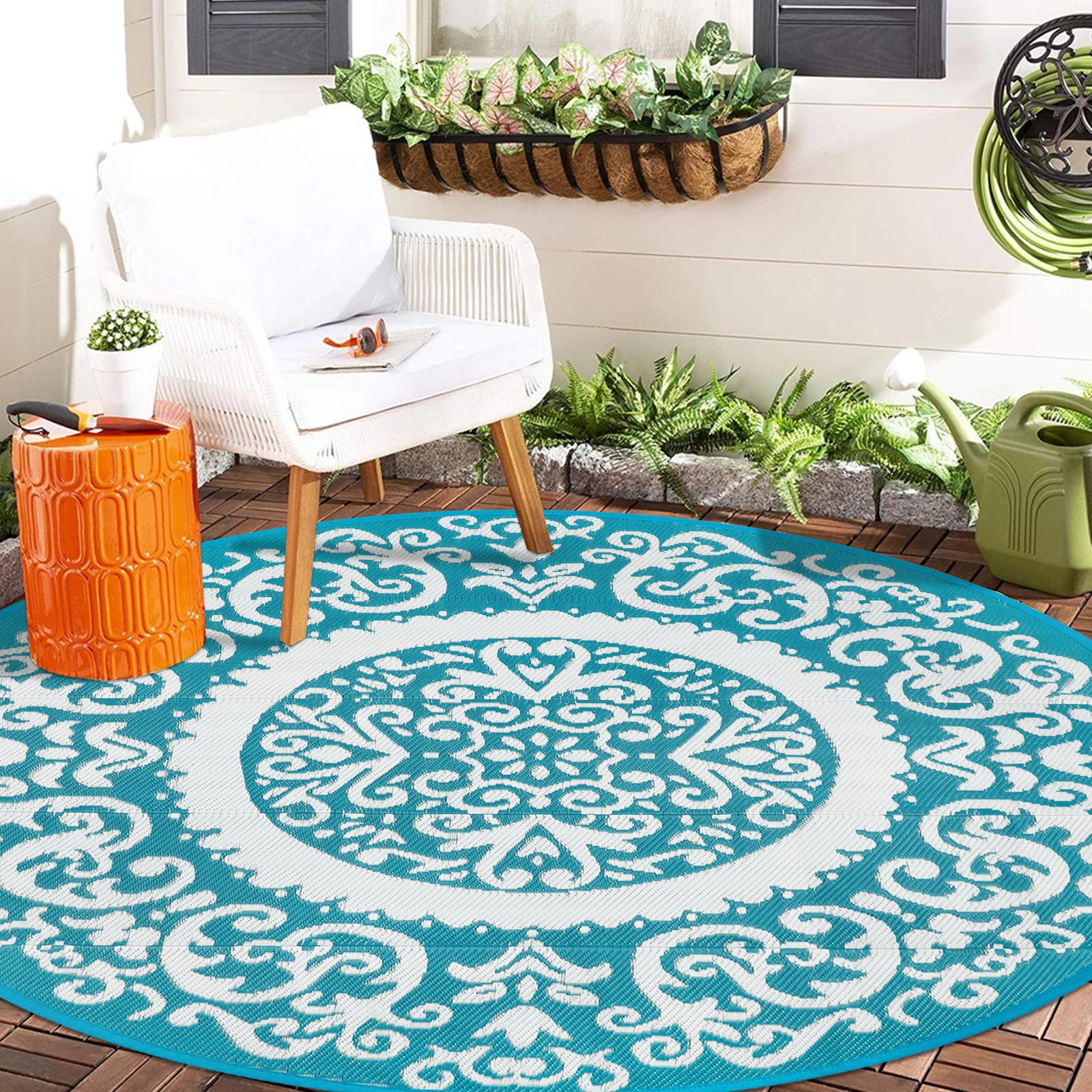 Aonewoe Round Outdoor Rugs 8Ft Waterproof Patio Plastic Straw Rug Reversible Camping Carpet Indoor Outdoor Area Rug for Patio,Deck,Balcony,Picnic,Beach,Outside