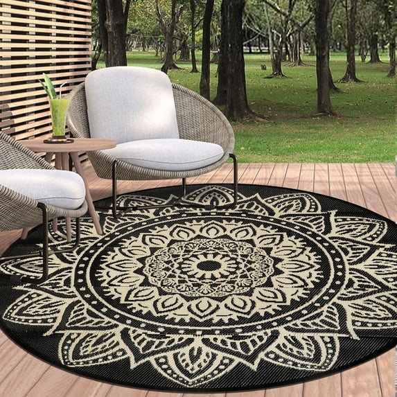 Aonewoe Round Outdoor Rugs 8ft Waterproof Patio Plastic Straw Rug Reversible Camping Carpet Indoor Outdoor Area Rug for Patio,Deck,Balcony,Picnic,Beach,Outside