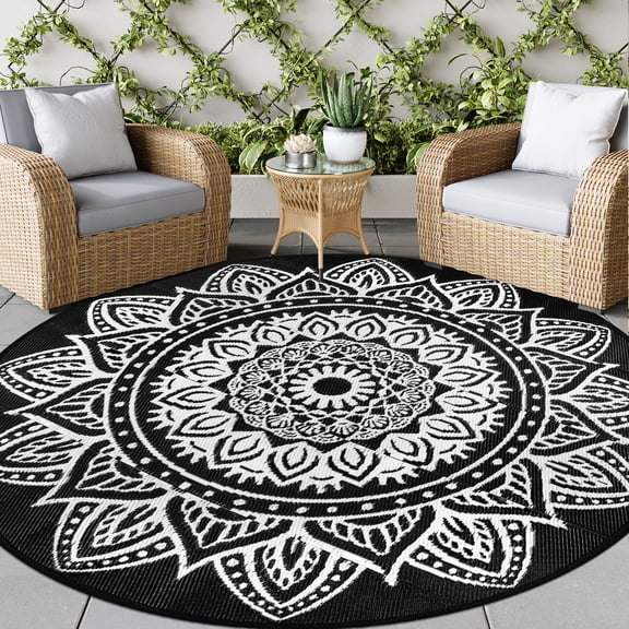 Aonewoe Round Outdoor Rugs 8ft Waterproof Patio Plastic Straw Rug Reversible Camping Carpet Indoor Outdoor Area Rug for Patio,Deck,Balcony,Picnic,Beach,Outside