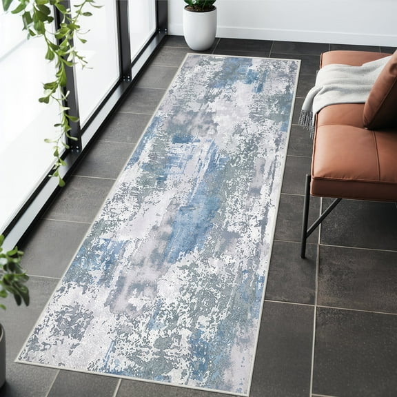 Aonewoe Runner Rug for Hallways 2'x 6' Washable Kitchen Runner Rug Non Slip Modern Abstract Carpet Runners for Hallways, Kitchen, Laundry, Bedroom, Bathroom (Blue)