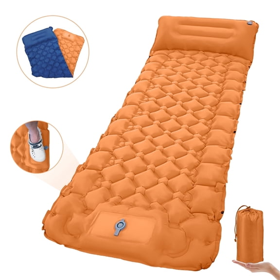 Aonhom Camping Sleeping Pad, Ultralight Inflatable Camping Mat with Pillow, Built-in Foot Pump Inflatable Sleeping Pads Compact for Camping Backpacking Hiking Traveling Tent (Orange)