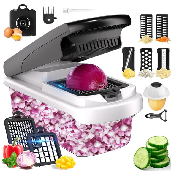 Aonhom Vegetable Chopper Food Slicer, 15 in 1 Multi-Function Food Chopper for Onion, Veggie, Cheese Grater, Vegetables Cutter With Large Container, Kitchen Gadgets (White)