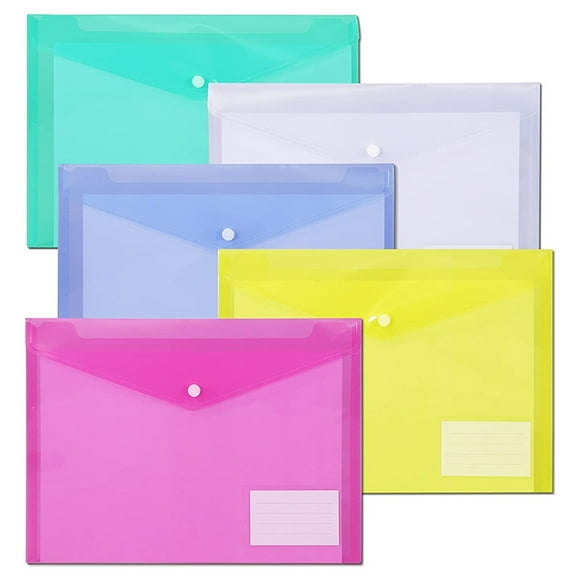 Aonity A4 Color Hidden Button File Bag 10 Pack Document Storage， Plastic Envelopes Poly Envelopes Us Letter A4 Size Clear File Folders with Label Pocket Snap Buttons Clear Archival Envelopes