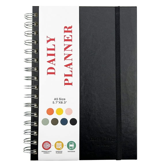 Aonity Daily Planner A5 Coil Notebook Black， Undated Daily Planner Undated Planner with Hourly Schedules Daily Organizer Notebooks for Work Planner for Men and to Do List Notebook for Time Management