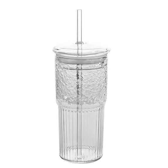 Aonity Glass + Lid + Straw, Glass Cups with Drinking Tube and Lids 1Pcs 20Oz Glass Cups Drinking Jar Iced Coffee Cups Vintage Ripple Glassware for Water Coffee Tea