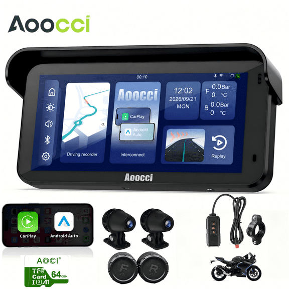 Aoocci C6 Pro 6.25" Dual 1080P Motorcycle Dash Cam, GPS Navigation Screen, Wireless CarPlay & Android Auto, Tire Pressure Monitor Sensor TPMS, IP67
