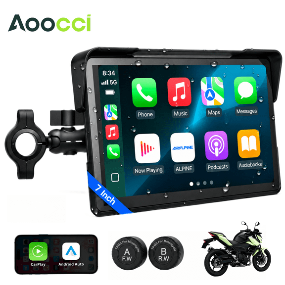 Aoocci C7 Motorcycle CarPlay, 7-inch HD Touch Screen, Wireless CarPlay & Android Auto, TPMS Tire Pressure Monitor, Dual Bluetooth, IP67 Waterproof