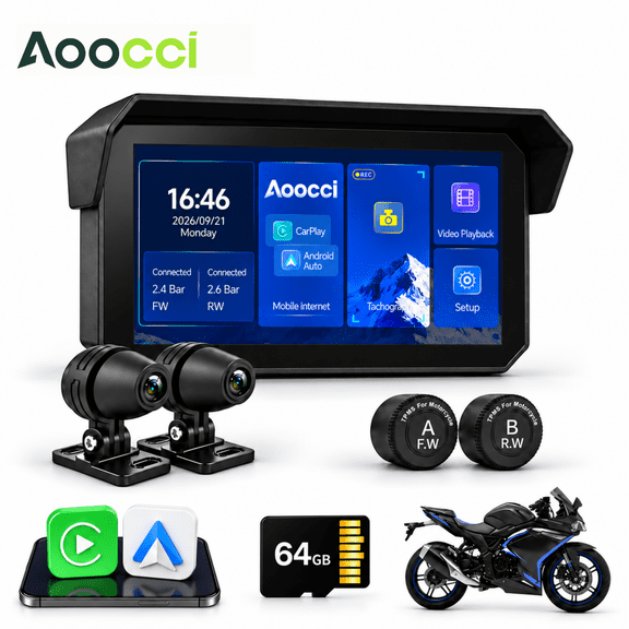Aoocci C9 Pro Max 6'' Touchscreen Motorcycle Dash Cam, Split Screen,Dual 1080P Camera, Wireless CarPlay & Android Auto, TPMS, IP67 Waterproof