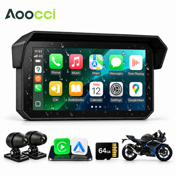 Aoocci C9 Pro Motorcycle CarPlay, Dual AHD 1080P Dash Cam, IPS Touchscreen with split-screen display, Wireless CarPlay & Android Auto, IP67 Waterproof