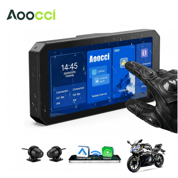 Aoocci C9 Pro 6" Motorcycle Dash Cam, 1080P Dual Camera, Simultaneous Split-Screen Display,for Wireless CarPlay & Android Auto Compatible, IP67 Waterproof,Without TPMS