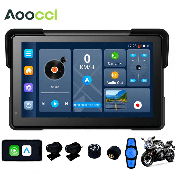 Aoocci U7 7" Motorcycle Smart Display for Wireless CarPlay & Android Auto, Android 14 System, Offline GPS Navigation,Dual 1080P Dash Cam,TPMS