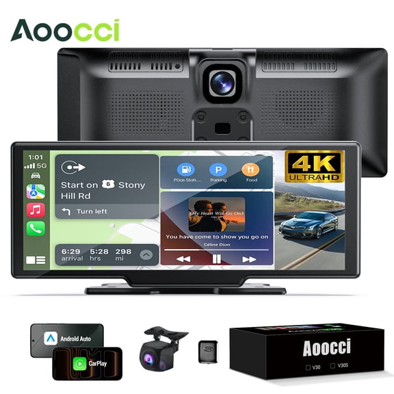 Aoocci V30 10.26 Inch DashboardMount Car Smart Touch Display, 4K Front & 1080P Rear Camera Recorder, Wireless Smartphone Mirroring, Voice Control, GPS Tracking, ADAS Driving Alert