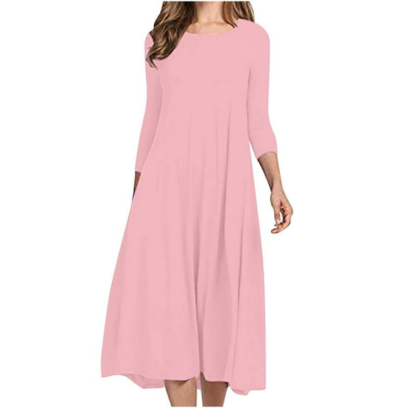 Aoochasliy 3/4 Sleeve Midi Dresses for Women 2024 Fashion Solid Color Pleated Dress Casual Plus Size Crewneck Long Dress