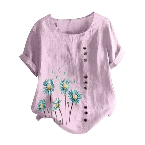 Aoochasliy Blouses for Women Clearance Plus Size Women Short Sleeve Cotton Linen O-Neck Button Print Blouse Top T-Shirt