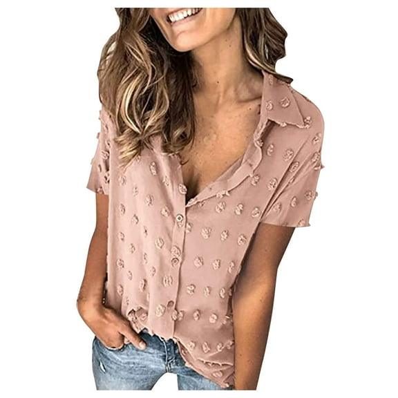 Aoochasliy Blouses for Women Women Fashion Chiffon Blouse Short Sleeve Button Shirt Tops Blouse