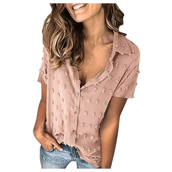 Aoochasliy Blouses for Women Women Fashion Chiffon Blouse Short Sleeve Button Shirt Tops Blouse