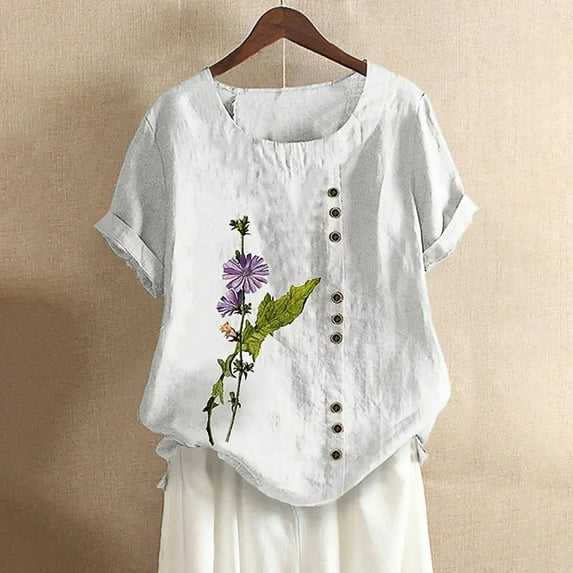 Aoochasliy Blouses for Women Clothes Plus Size Women Short Sleeve Cotton Linen O-Neck Button Print Blouse Top T-Shirt