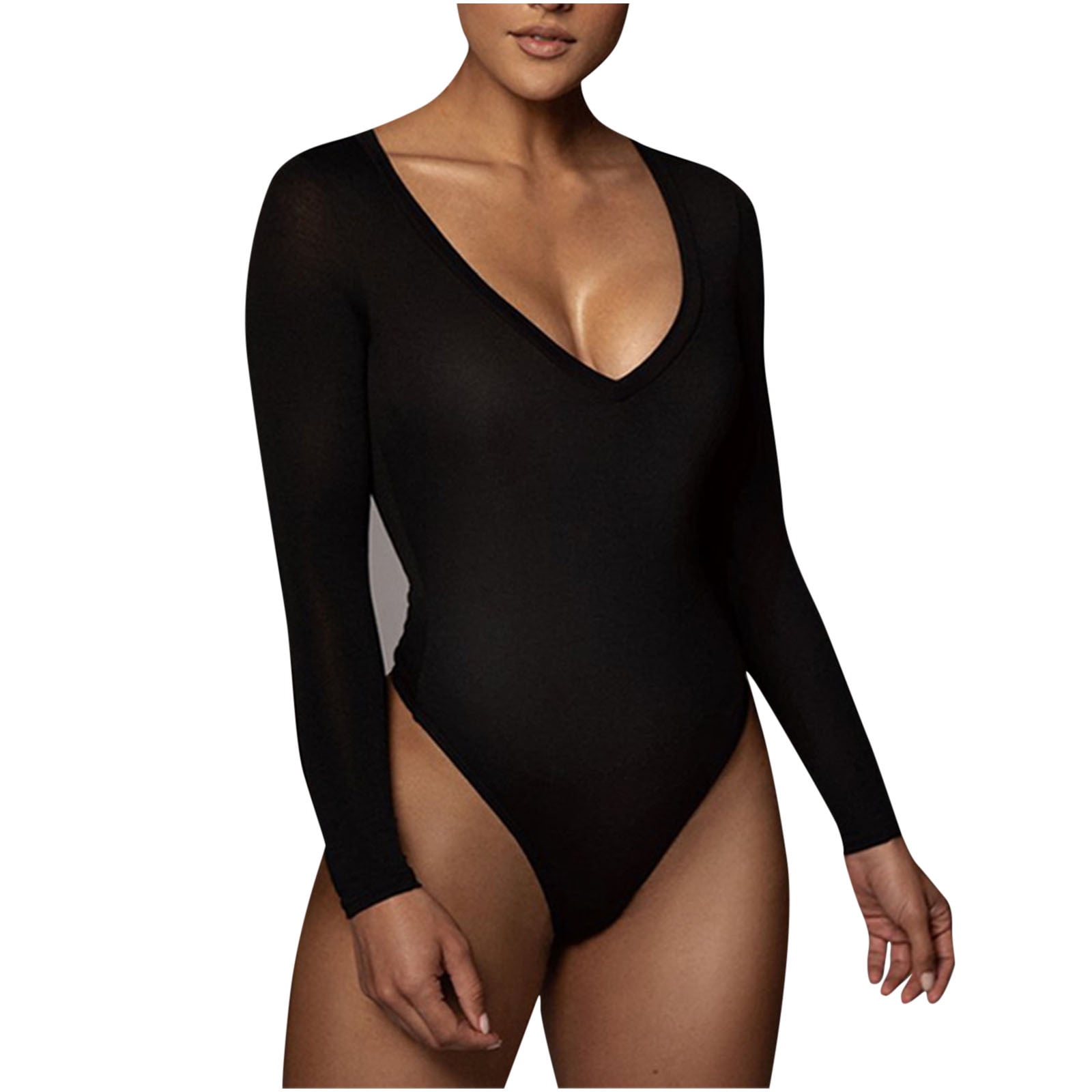 Start With The Basics Plunge Neck Thong Bodysuit in Black