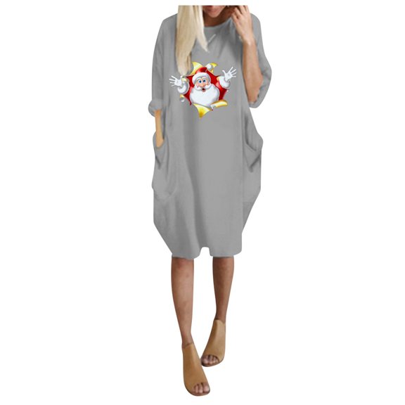 Aoochasliy Casual Christmas Dresses Women Trendy Winter Plus Size Loose O-Neck Pocket Xmas Printed Dress