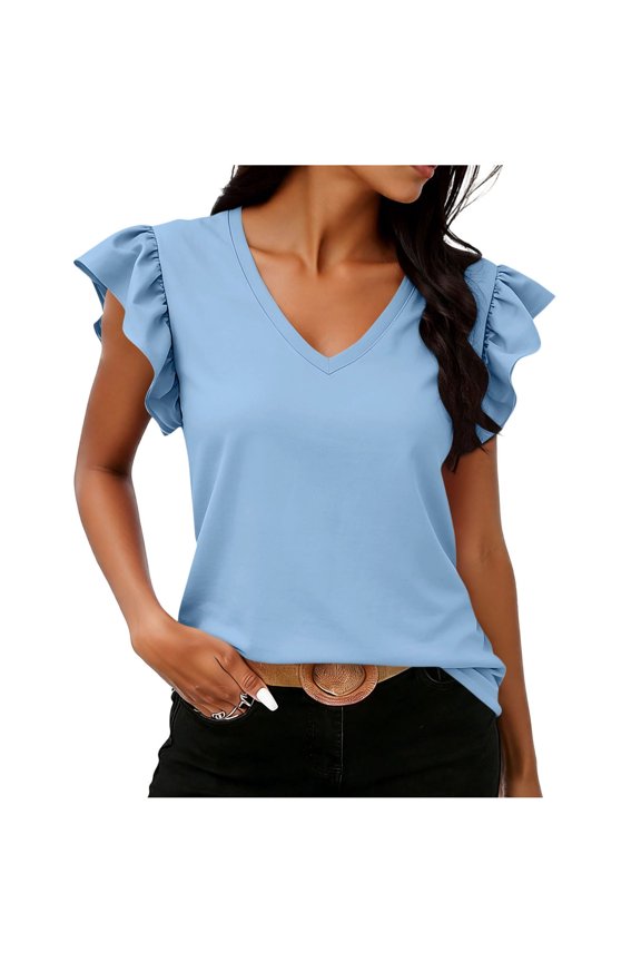 Casual Tops for Women Short Sleeve Tees V Neck Solid Color Ruffle Short Sleeve Relaxed Loose Fit Casual Soft Skin Friendly Daily Home Weekend Gathering Leisure