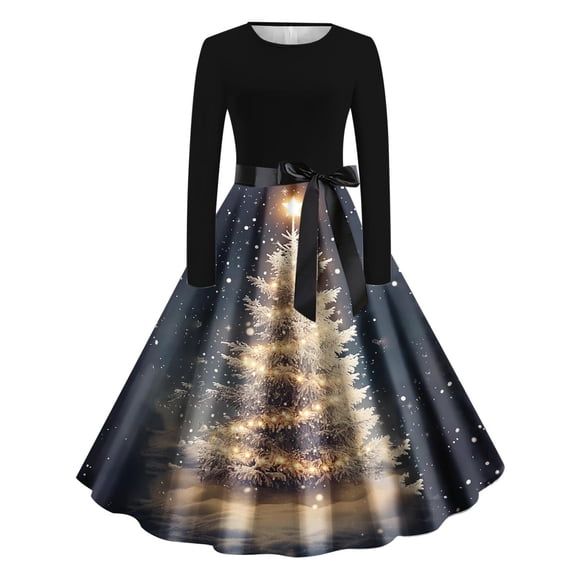 Aoochasliy Christmas Dresses Women Xmas Gift Print Long Sleeve Round Neck Long Dress Beach Winter Casual