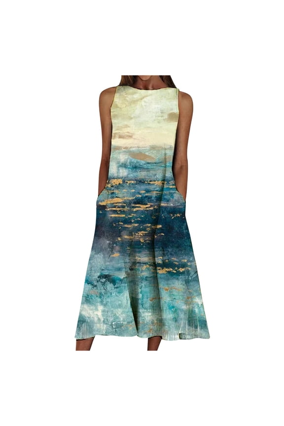 Clothes Ladies Dresses Petite Summer Floral Print Beach Holiday Dress Round Neck Big Swing Pocket Maxi Dress