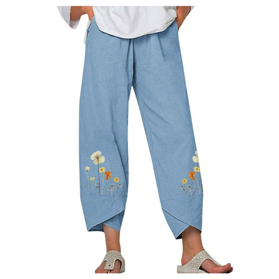 Aoochasliy Womens Pants Petite Ladies Lady Casual Flowers print Elastic Waist Wide Leg Pants Trousers