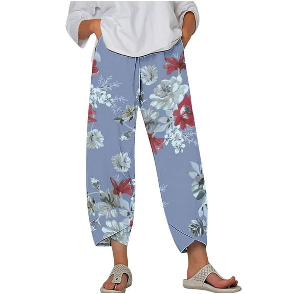 Aoochasliy Womens Pants Petite Ladies Lady Casual Flowers print Elastic Waist Wide Leg Pants Trousers