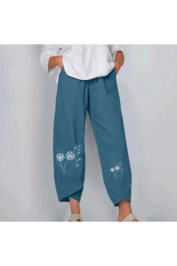 Womens Pants Petite Ladies Lady Casual Flowers print Elastic Waist Wide Leg Pants Trousers
