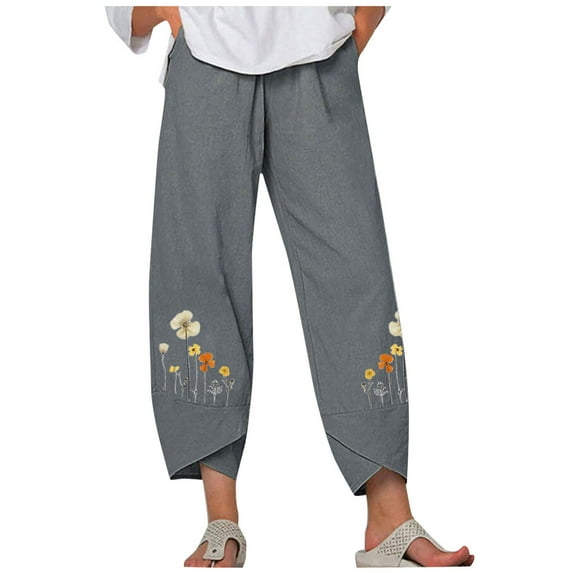 Aoochasliy Clearance Womens Pants Petite Ladies Lady Casual Flowers print Elastic Waist Wide Leg Pants Trousers