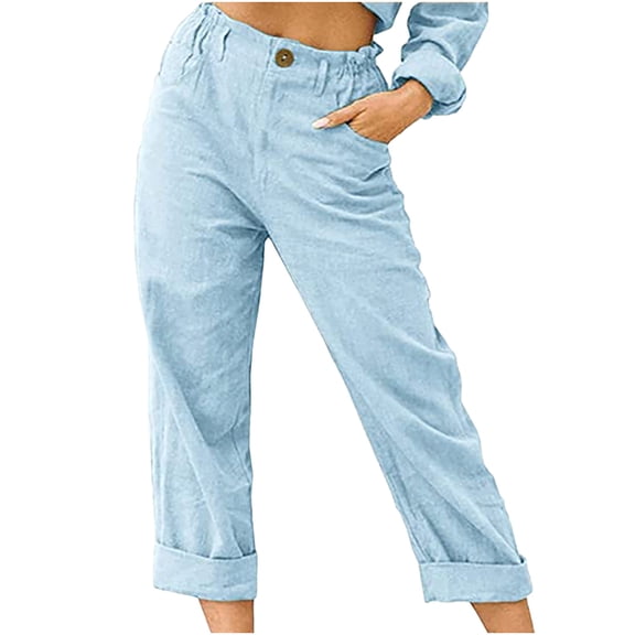 Aoochasliy Womens Pants Petite Solid Color Pockets Buttons Elastic Waist Comfortable Straight Pants