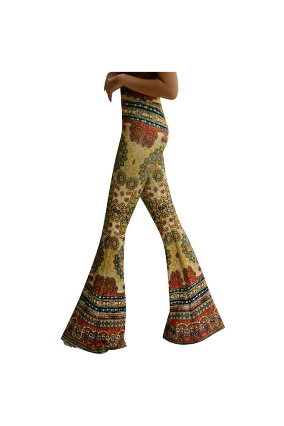 Womens Pants Petite Tight-fitting Hip Retro Rose Print Big Bell-bottom Pant