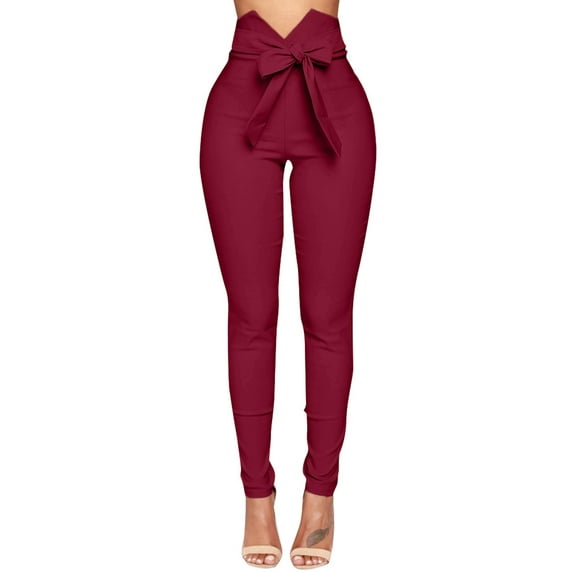 Aoochasliy Womens Pants Petite Women's Summer High Waist Pants Bow Slim Simple Elastic Pants
