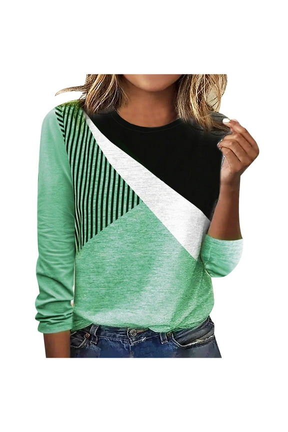 Clothes Womens Tops Long Sleeve Shirts Spring Fall Casual Colorblock Round-Neck Stitching Contrast Color T-shirt Blouse