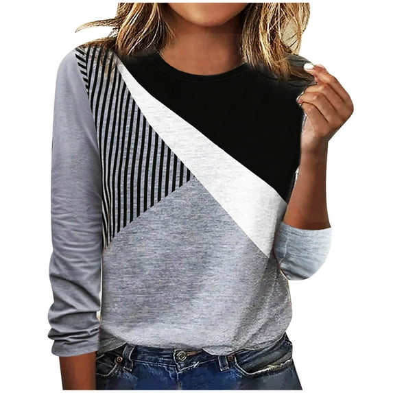 Aoochasliy Womens Tops Long Sleeve Shirts Spring Fall Casual Colorblock Round-Neck Stitching Contrast Color T-shirt Blouse