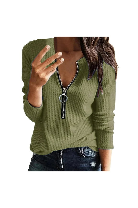 Womens Tops Long Sleeve Shirts Spring Fall Womens Casual Solid V Neck Zipper Daily Holiday Shirt Blouse Tops