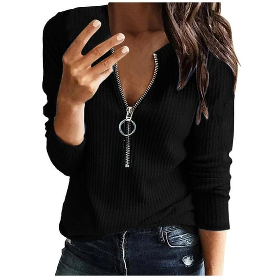 Aoochasliy Clothes Womens Tops Long Sleeve Shirts Spring Fall Casual Womens Casual Solid V Neck Zipper Daily Holiday Shirt Blouse Tops