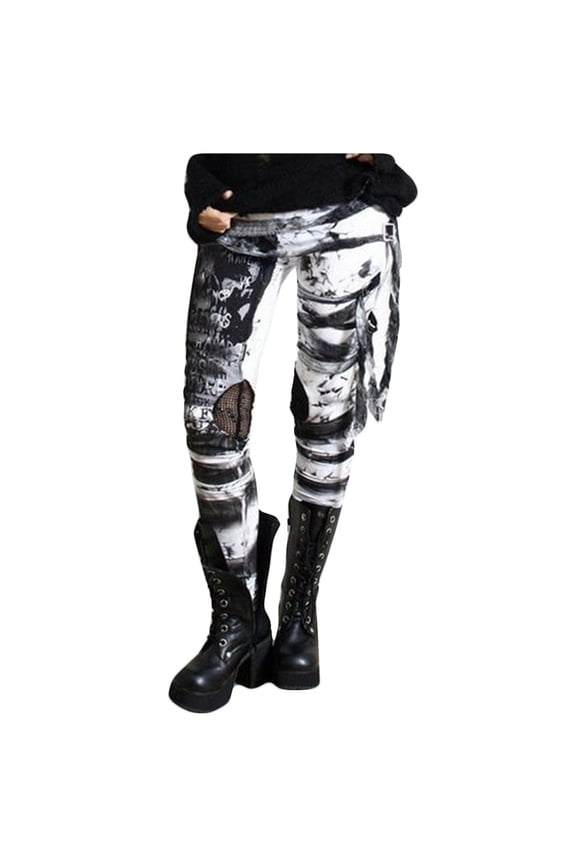 Clothes Womens Pants Petite Cool Ultra Gathered Pants Gothic Rocker Distressed Punk Tie Leggings